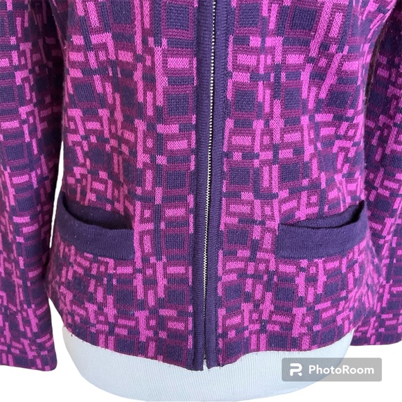 Vintage 70s Retro Geometric Pattern Full Zip Cardigan Sweater Pockets Purple - Picture 4 of 12